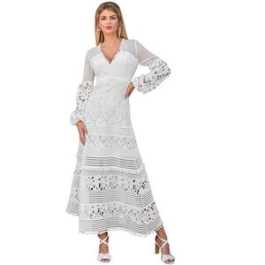 Boston Proper Long Sleeve Lace Pom Pom Dress White medium NWT